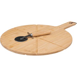 5Five pizza serveerplank met pizzasnijder - bamboe - 37 cm - dubbelzijdig - snijplank/keukenhulpje - Serveerplanken