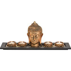 Buddha met 4 theelichthouders, houten dienblad, decoratiestenen van poly goud (B/H/D) 41x17x11cm