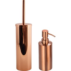 MSV Toiletborstel in houder 40 cm/zeeppompje 260 ml badkamer set Doha - RVS - koper - Badkameraccessoireset