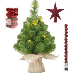 Kunst kerstboom met 15 LED lampjes 60 cm inclusief rode versiering 31-delig - Kunstkerstboom