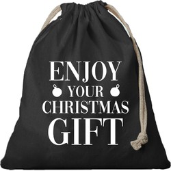 4x Kerst cadeauzak zwart Enjoy your gift met koord voor als cadeauverpakking - cadeauverpakking kerst