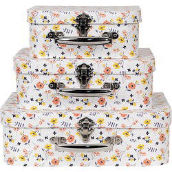 Clayre & Eef Decoratie Koffer Set van 3 Wit Karton Bloemen
