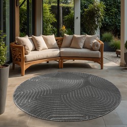 Berlin Outdoor - Japandi - Rond - Grijs - Vloerkleed Binnen en Buiten - Laagpolig Tapijt Tuin- 120 CM ROND