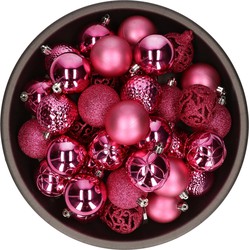 Bellatio Decorations kerstballen - 37x -fuchsia roze - 6 cm -kunststof - Kerstbal