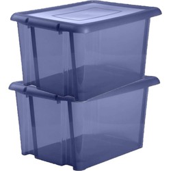 6x stuks kunststof opbergboxen/opbergdozen donkerblauw transparant L65 x B50 x H36 cm stapelbaar - Opbergbox