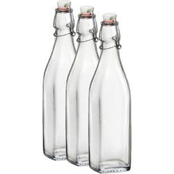 Bormioli Rocco beugelfles/weckfles - 3x - 1 liter - glas - vierkant - water/olie/azijn/sapjes - Weckpotten
