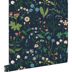 ESTAhome behang veldbloemen inktblauw en groen - 0.53 x 10.05 m - 139844