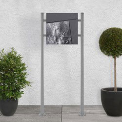 Staande brievenbus met krantenvak 37x36,5x11 cm antraciet/zwart marmerlook gemaakt van staal ML design, modern asymmetrisch ontwerp, stahoogte 120cm zilverkleurige dubbele voet