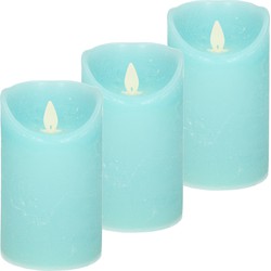 3x Aqua blauwe LED kaarsen / stompkaarsen met bewegende vlam 12,5 cm - LED kaarsen