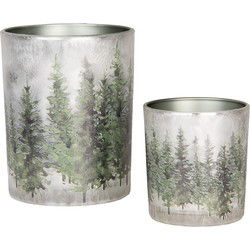 Clayre & Eef Theelichthouder Set van 2 Ø 7x8 / 10x13 cm Wit Groen Glas Dennenbomen