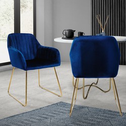 Eetkamerstoel set van 2 met rugleuning en armleuningen Blauwe keukenstoel met microvezel fluwelen bekleding & goudkleurige metalen poten ML design