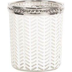Clayre & Eef Theelichthouder  Ø 6x7 cm Wit Zilverkleurig Glas Metaal Waxinelichthouder