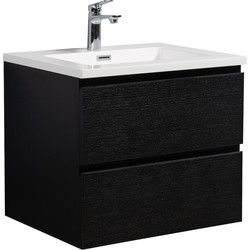 Badplaats Badkamermeubel Set Angela 60cm - Zwart Houtnerf - Badmeubel met Wastafel