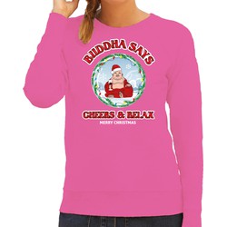 Bellatio Decorations foute Kersttrui/sweater voor dames - buddha says cheers & relax - roze - wijn S - kerst truien