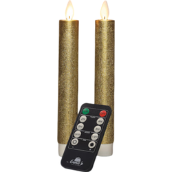 Dinerkaars wax led bewegende vlam op batterij met afstandsbediening 2 stuks h18 cm goud