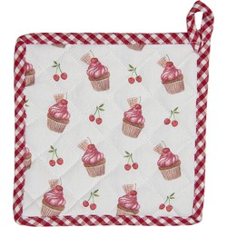 Clayre & Eef Pannenlap  20x20 cm Rood Wit Katoen Vierkant Cupcakes Afgiet Pannenlap