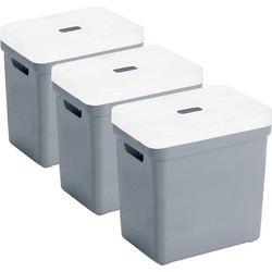 Set van 3x opbergboxen/opbergmanden blauwgrijs van 25 liter kunststof met transparante deksel - Opbergbox