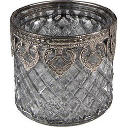 Clayre & Eef Theelichthouder  Ø 8x7 cm Grijs Glas Metaal Waxinelichthouder