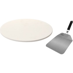 Pizzasteen rond keramiek 33 cm met handvaten incl. pizzasnijder en inklapbare RVS pizzaschep 25 cm - Pizzaplaten