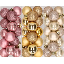 42x stuks kleine kunststof kerstballen mix champagne, goud en oudroze 3 cm - Kerstbal