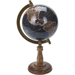 Decoratie wereldbol/globe zwart op mangohouten voet 13 x 28 cm - Wereldbollen