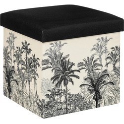 Atmosphera Poef/krukje/hocker Palmtrees - Opvouwbare opslag box - creme wit/zwart - D39 x H39 cm - Poefs