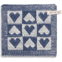 Knit Factory Gebreide Pannenlap Heart - Ecru/Jeans - 23x23 cm