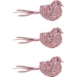 8x stuks decoratie vogels op clip glitter roze 12 cm - Kersthangers