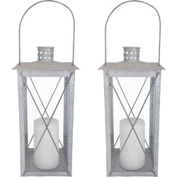 Set van 2x stuks zilveren tuin lantaarn/windlicht van zink 17,2 x 17,2 x 36,5 cm - Lantaarns