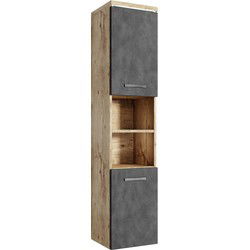 Badplaats Badkamerkast Paso 35 x 35 x 160 cm - Kastanje Eiken met Donker Grijs - Hangende Kolomkast met 2 Deuren