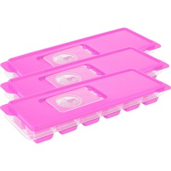 Set van 4x stuks trays met ijsklontjes/ijsblokjes vormpjes 12 vakjes kunststof roze met afsluitdekse - IJsblokjesvormen