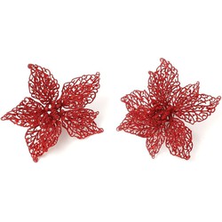 2x stuks decoratie kerststerren bloemen rood glitter op clip 18 cm - Kersthangers