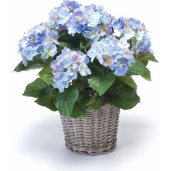 Kunstplant Hortensia bloemen in mand - H45 cm - Met bloemen - blauw - Kunstplanten