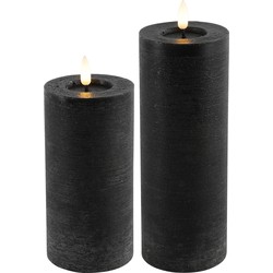 LED kaarsen/stompkaarsen - set 2x - zwart - D7,5 x H15 en H20 cm - timer - LED kaarsen