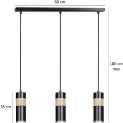 Kerava zwart en houten lange 3L hanglamp 3x GU10