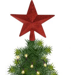 Kerstboom piek ster kunststof rood met glitters 19 cm - kerstboompieken