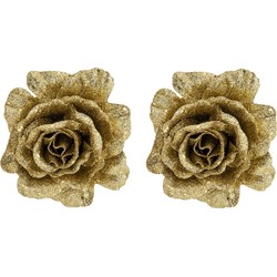 2x stuks decoratie bloemen roos goud glitter op clip 10 cm - Kunstbloemen