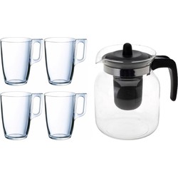 Glazen theepot zwart met filter van 1,5 liter met 8x stuks theeglazen Arcoroc van 320 ml - Theepotten