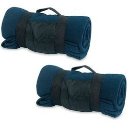 Fleece deken/plaid afneembaar handvat - 2x - donkerblauw - 160 x 130cm - Plaids