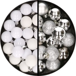 34x stuks kunststof kerstballen wit en zilver 3 cm - Kerstbal