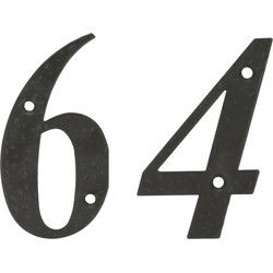AMIG Huisnummer 64 - massief gesmeed staal - 10cm - incl. bijpassende schroeven - zwart - Huisnummers