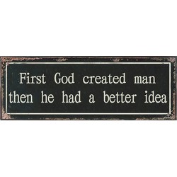 Clayre & Eef Tekstbord  36x13 cm Zwart Beige Ijzer Rechthoek First God created man then he had a better idea Wandbord