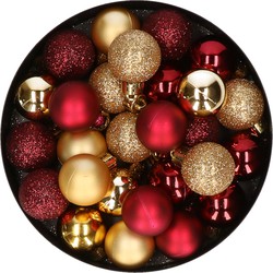 28x stuks kunststof kerstballen goud en donkerrood mix 3 cm - Kerstbal