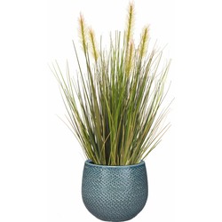 Emerald Kunstplant - groen gras 45 cm - blauw bloempot keramiek - Kunstplanten