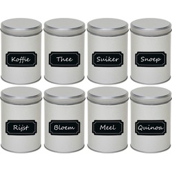 8x Zilveren hoog/rond bewaarblik/opbergblik 13 cm met krijtbord labels - Voorraadblikken