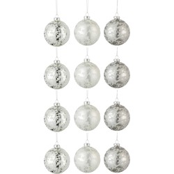 J-line - Doos Van 12 Kerstballen 4+4+4 Suiker Glas Mat Grijs/mat Wit/blinkend Zilver Small - 8x8x10cm