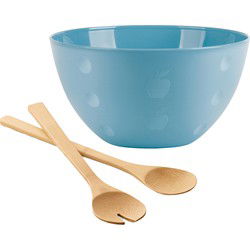 Serveerschaal/slakom met bamboe sla bestek - pastel blauw - 5 liter - kunststof - D26 x H14 cm - Serveerschalen