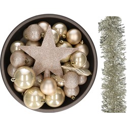 Kerstversiering kerstballen 5-6-8 cm met ster piek en folieslingers pakket champagne van 35x stuks - Kerstbal