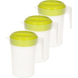 3x stuks waterkan/sapkan transparant/groen met deksel 1 liter kunststof - Schenkkannen