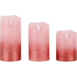HI LED kaarsen - set van 3x stuks - roze - half metallic - met timer - LED kaarsen